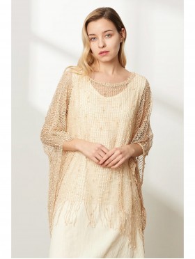 Crochet Knit Sleeved Top with Fringe